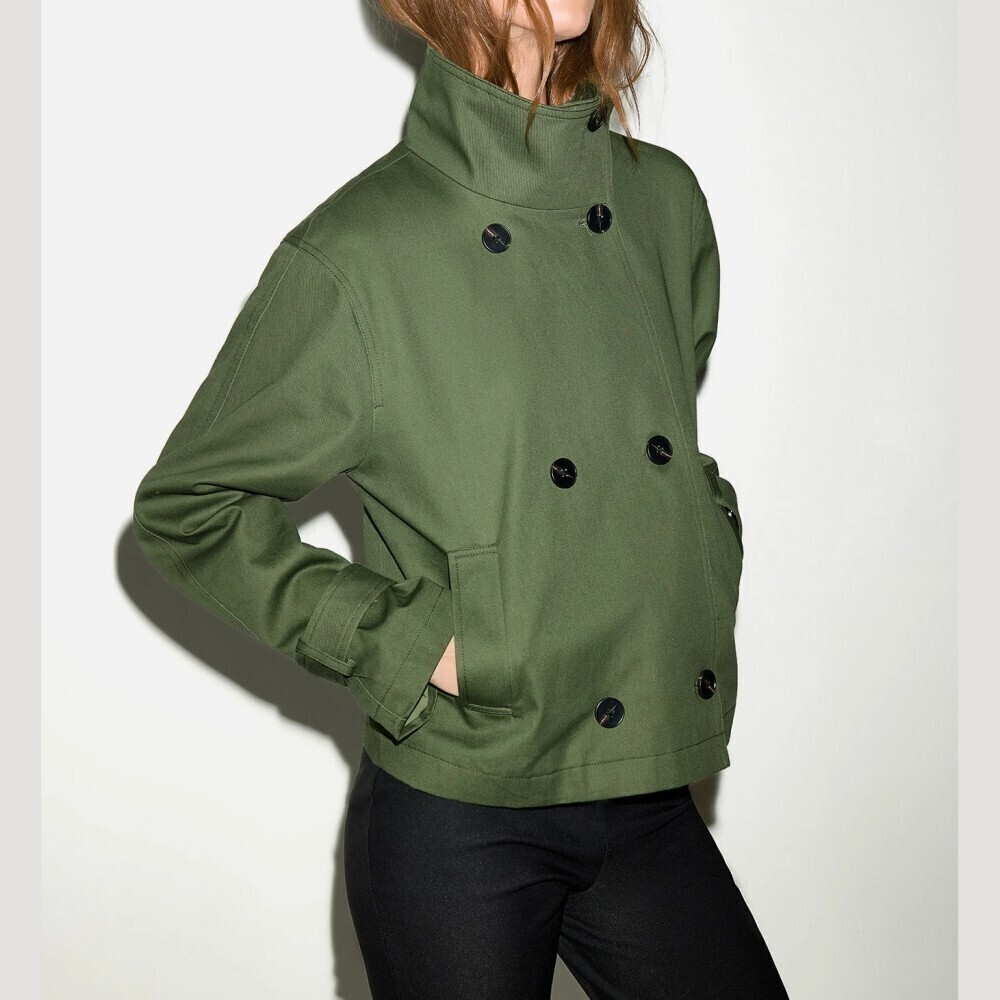 Olive Green Cropped Double-Breasted Trench Coat Jacket